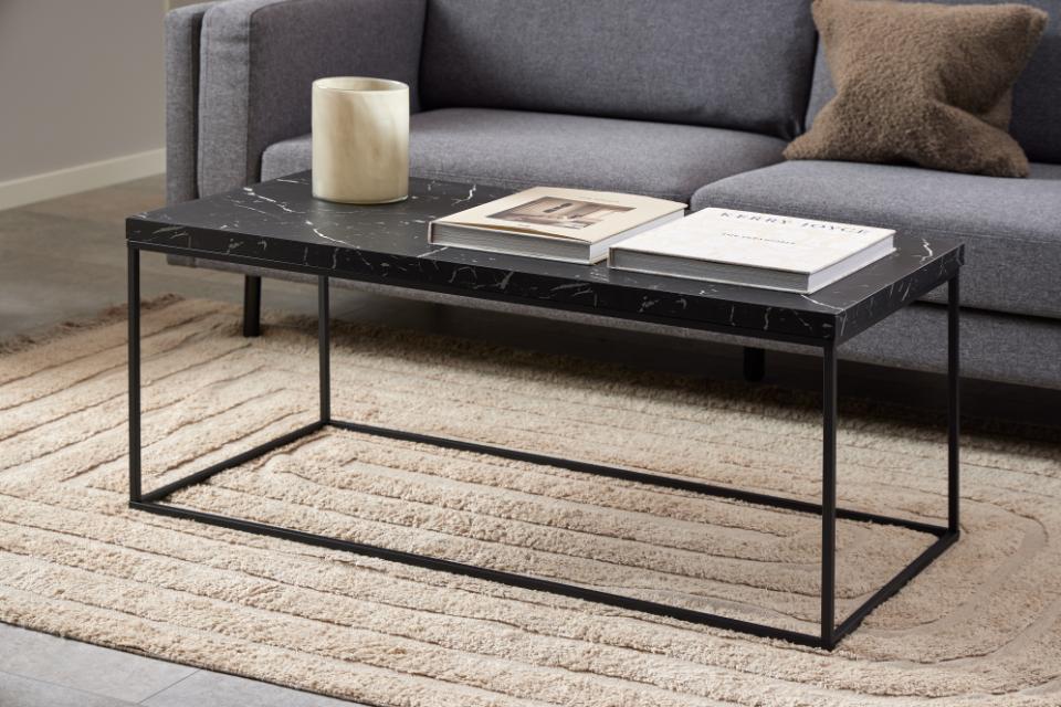 Barossa rectangular coffee table, top black marble Marquina rough melamine, base matt black rough powder coated steel, 110x55x45 cm