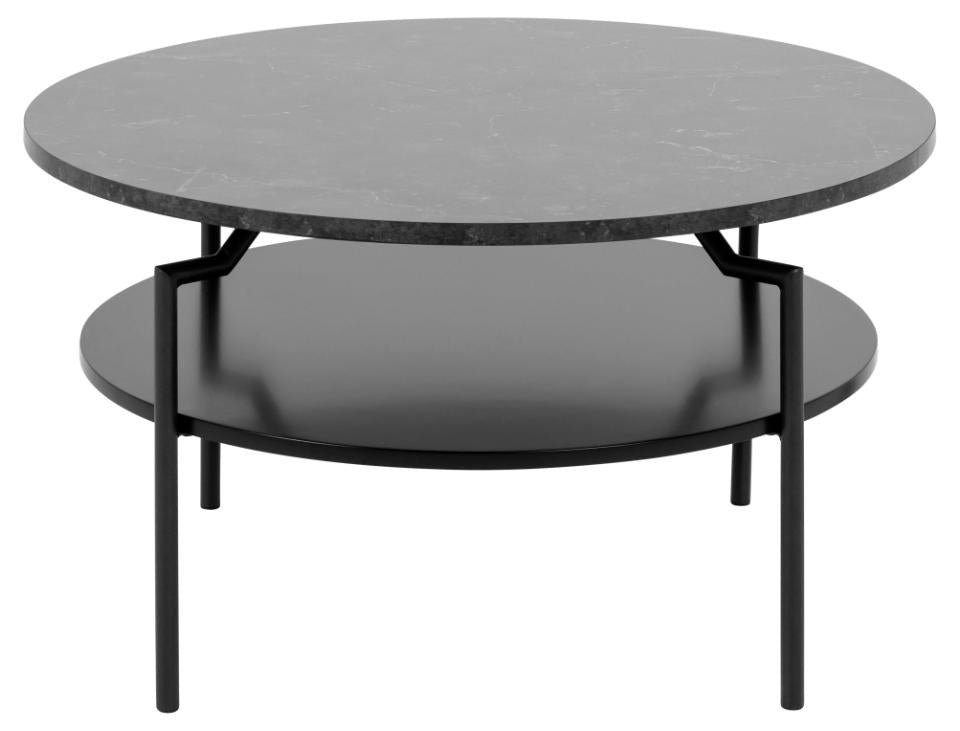 Goldington round coffee table, top black marble Izmir melamine, shelf black PU painted MDF, base matt black rough powder coated steel, Ø80x45 cm