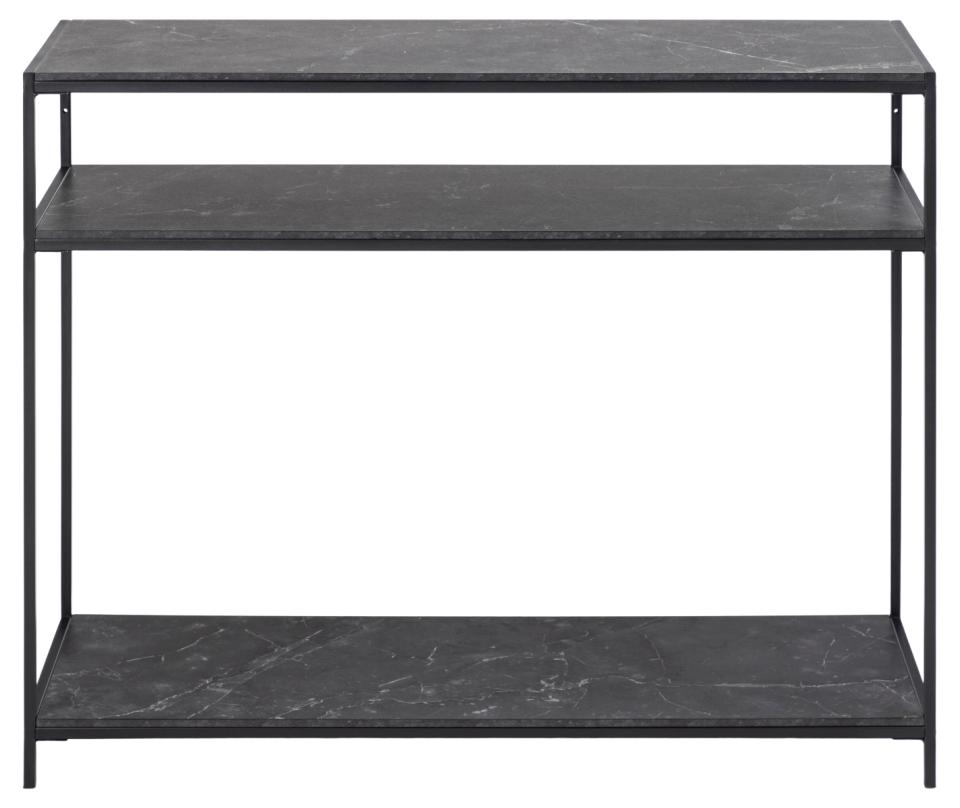 Infinity rectangular console table, top and 2 shelves matt black Izmir rough melamine, base matt black rough powder coated steel, 100x35x79 cm