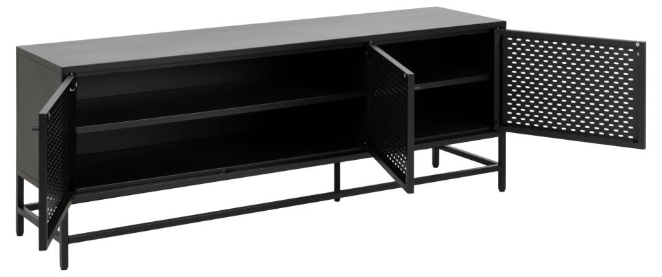 Newcastle sideboard, top, frame, 3 doors, 2 shelves and base matt black rough powder coated steel, with metal mesh, 160x40x60 cm