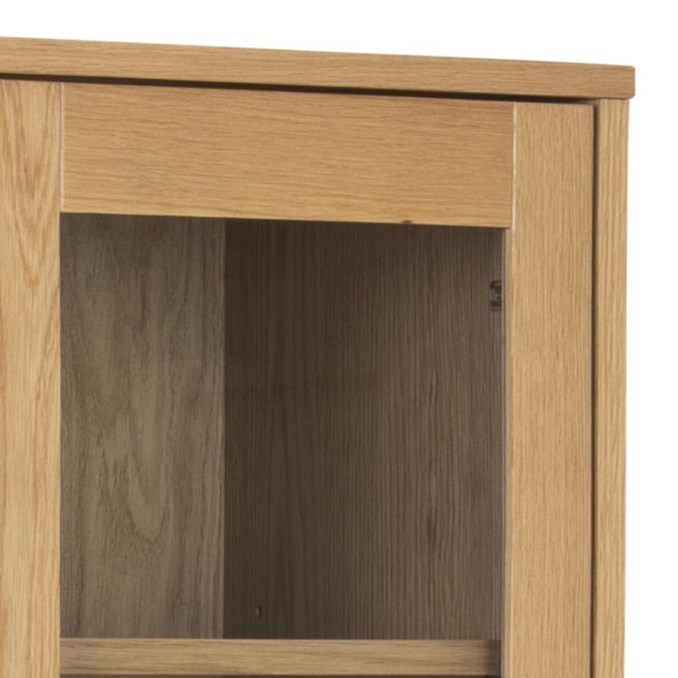 Nagano display cabinet, top, frame and 6 shelves oak UV lacquered veneer, 4 doors oak UV lacquered veneer and clear tempered glass, base NC lacquered oak, with herringbone and push to open function, 80x37x178 cm