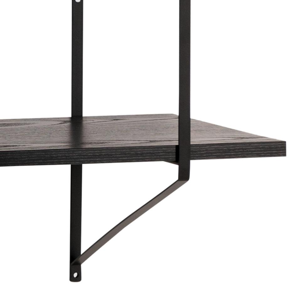 Belfast rectangular wall shelf, frame matt black powder coated steel, 4 shelves ash black rough melamine, with asymmetrical detail, 191x25,5x79 cm