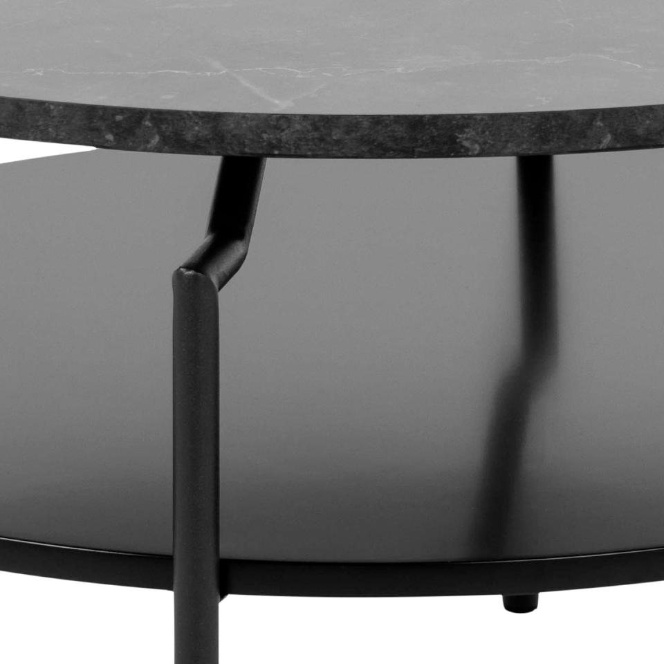 Goldington round coffee table, top black marble Izmir melamine, shelf black PU painted MDF, base matt black rough powder coated steel, Ø80x45 cm