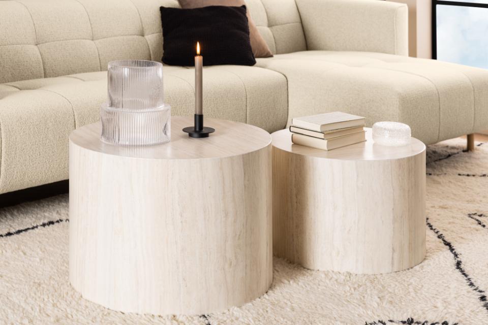 Dice round coffee table set, top and base travertine rough paper, with set of 2 pcs, Ø58x40 cm