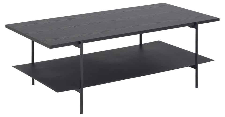 Angus rectangular coffee table, top ash black rough melamine, shelf and base matt black rough powder coated steel, 115x60x40 cm