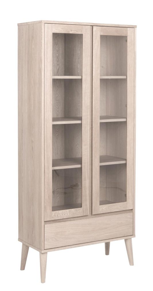 Nagano display cabinet, top, frame, drawer and 3 shelves white pigmented oiled oak veneer, 2 doors clear tempered glass and white pigmented oiled oak veneer, base white pigmented oiled oak, with metal runners, 80x37x178 cm