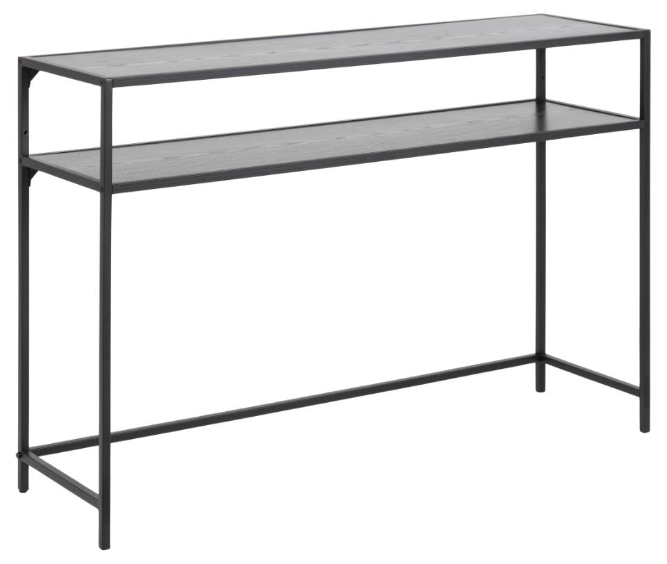 Seaford rectangular console table, top and shelf ash black rough melamine, base matt black rough powder coated steel, 120x35x79 cm