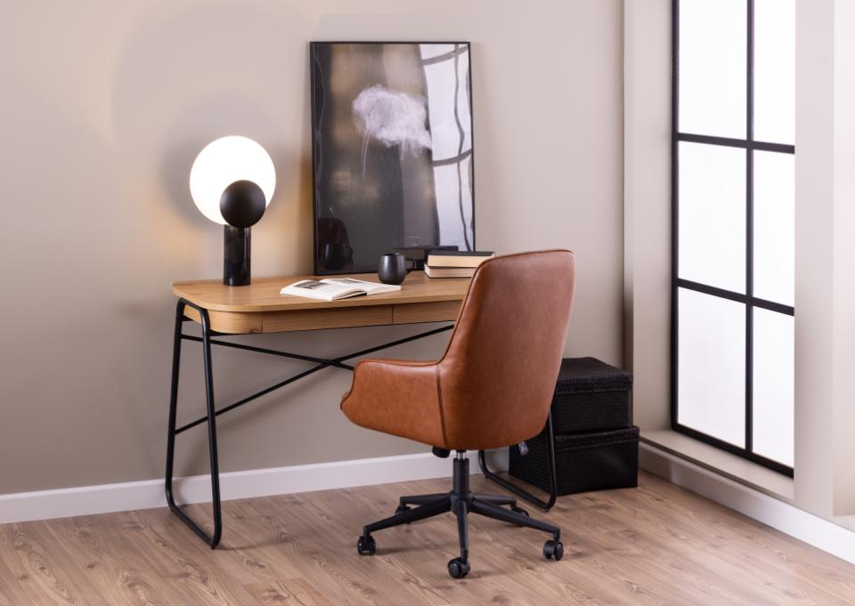 Blueton rectangular office desk, top and 2 drawers matt wild oak rough paper, base matt black rough powder coated steel, 120x60x75 cm