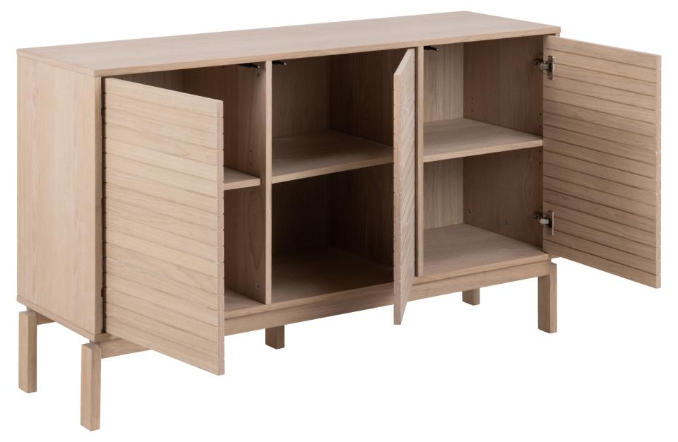 Linley sideboard, top, frame, 3 doors and 3 shelves white pigmented oiled oak veneer, base white pigmented oiled oak, with lamella front and push to open function, 135,4x40x80 cm