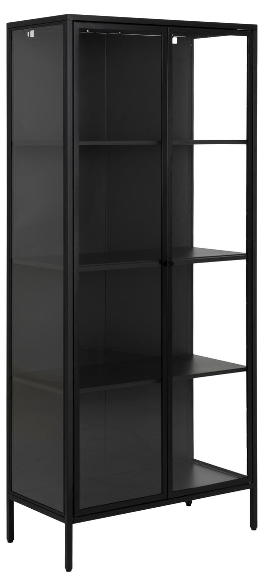 Newcastle display cabinet, top, frame, 4 shelves and base matt black rough powder coated steel, 2 doors clear tempered glass and matt black rough powder coated steel, 80x40x180 cm