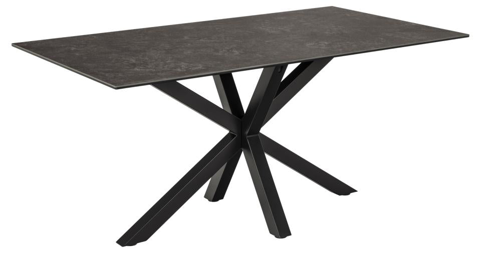 Heaven rectangular dining table, top black Fairbanks rough ceramic, cross base matt black rough powder coated steel, 160x90x75,5 cm