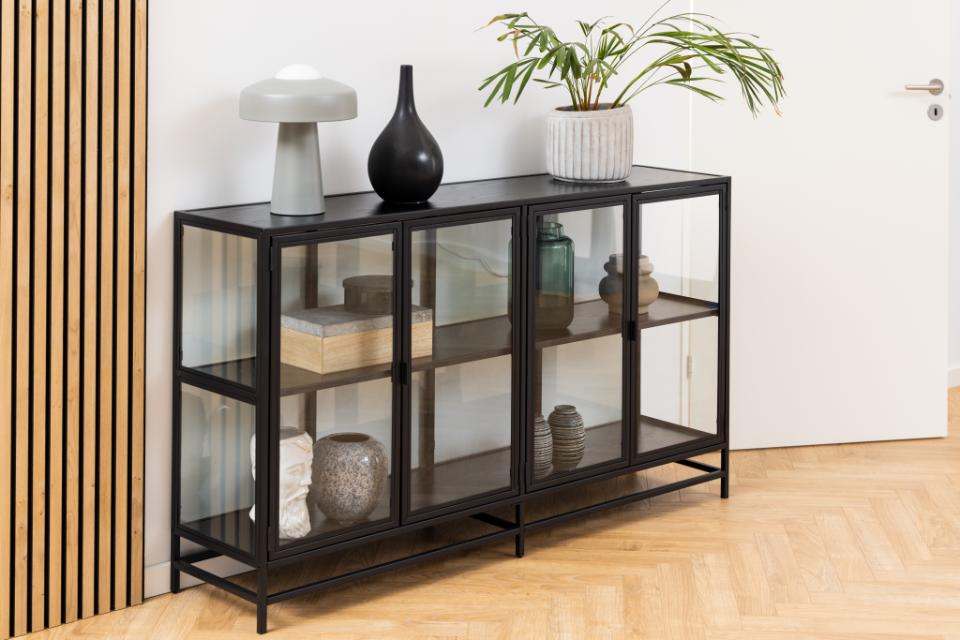 Seaford display cabinet, frame and base matt black rough powder coated steel, top and 2 shelves ash black rough melamine, 4 doors matt black rough powder coated steel and clear tempered glass, 152,4x35x86,4 cm