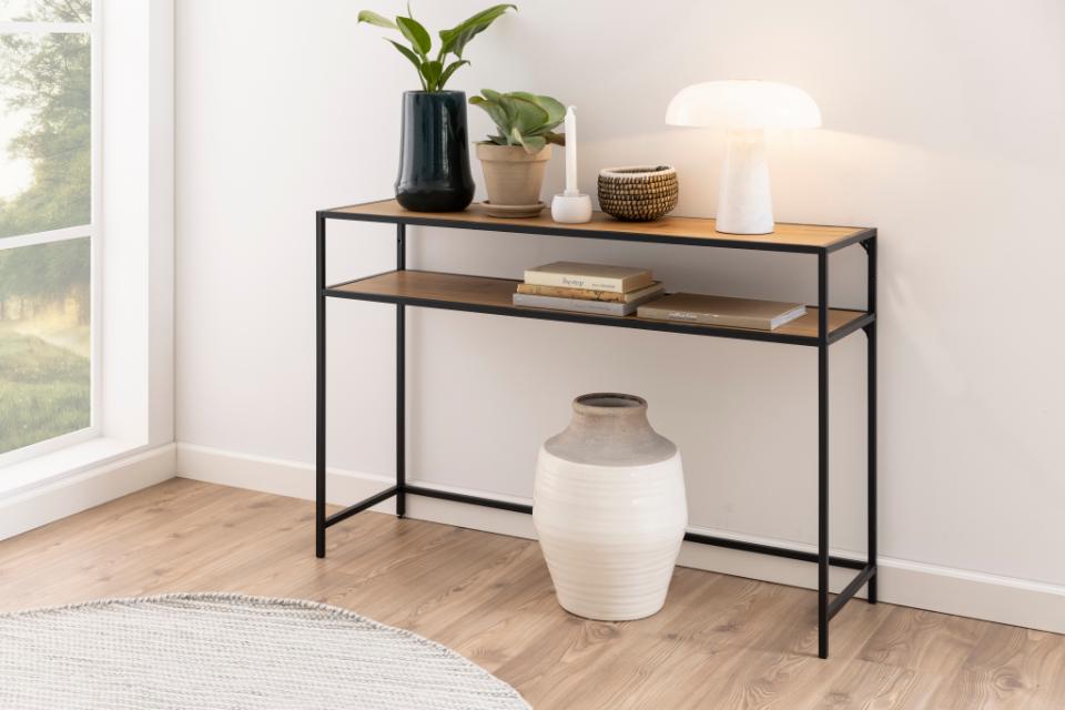 Seaford rectangular console table, top and shelf matt wild oak rough paper, base matt black rough powder coated steel, 120x35x79 cm