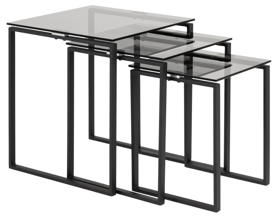 Katrine square nest of tables, top smoked tempered glass, sledge base matt black rough powder coated steel, with set of 3 pcs, 50x50x55 cm