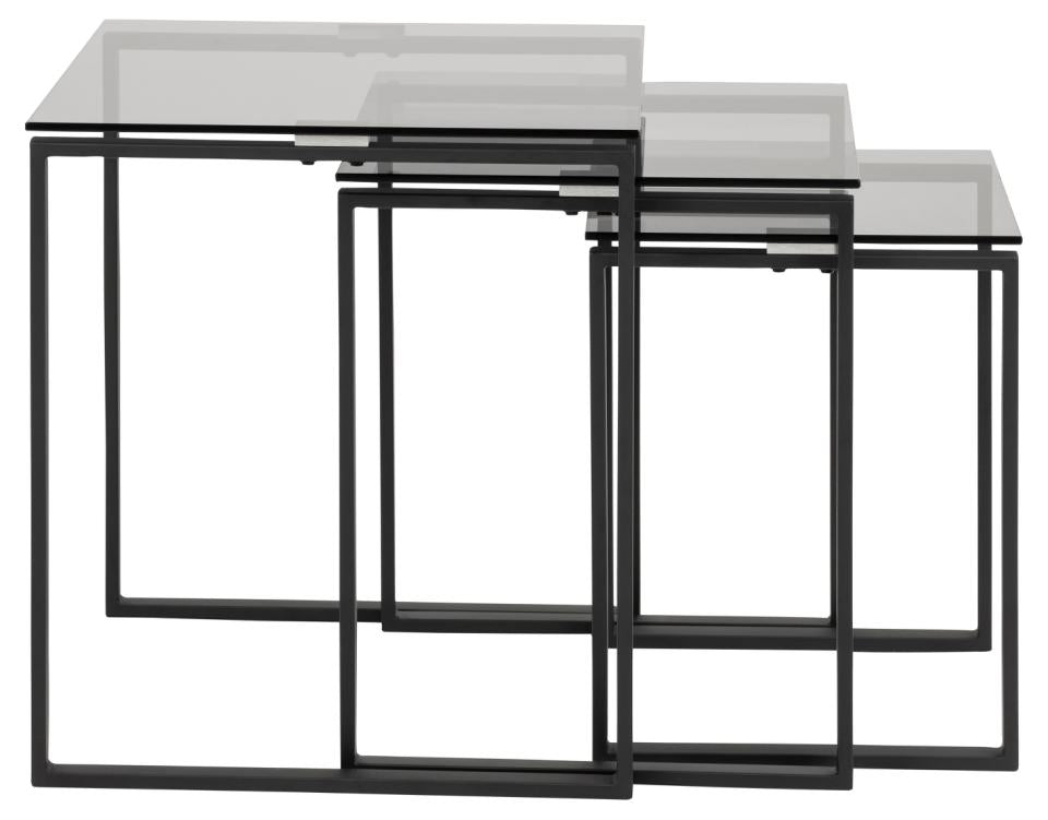 Katrine square nest of tables, top smoked tempered glass, sledge base matt black rough powder coated steel, with set of 3 pcs, 50x50x55 cm