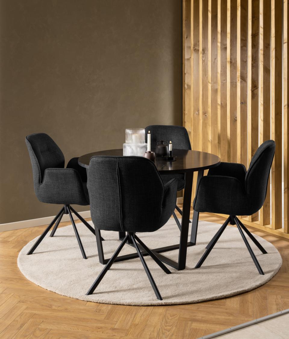 Amble round dining table, top black marble Izmir melamine, base matt black rough powder coated steel, Ø110x75 cm