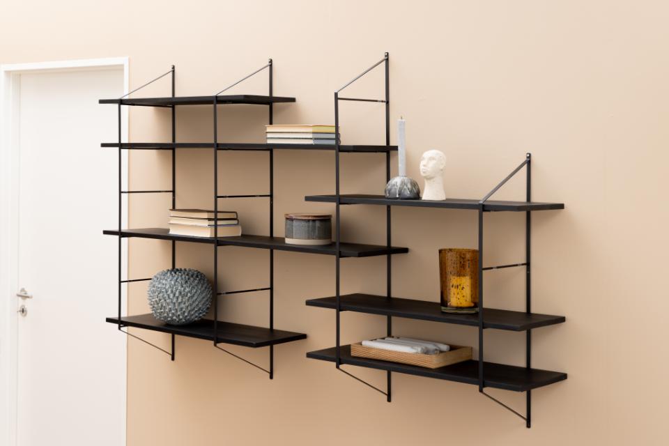 Belfast rectangular wall shelf, frame matt black powder coated steel, 7 shelves matt black WB lacquered paulownia, with asymmetrical detail, 196x25x111 cm