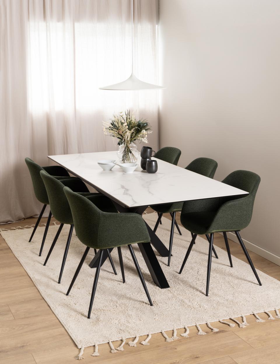 Heaven rectangular dining table, top white Akranes rough ceramic, cross base matt black rough powder coated steel, with extension leaf storage and synchronous extension, 168/210x90x76 cm