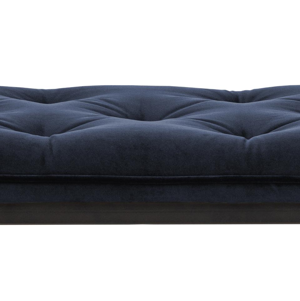 Brooke bench, Vic fabric midnight blue 77AC FR, base matt black rough powder coated steel, with tuftings, 159x38x48 cm