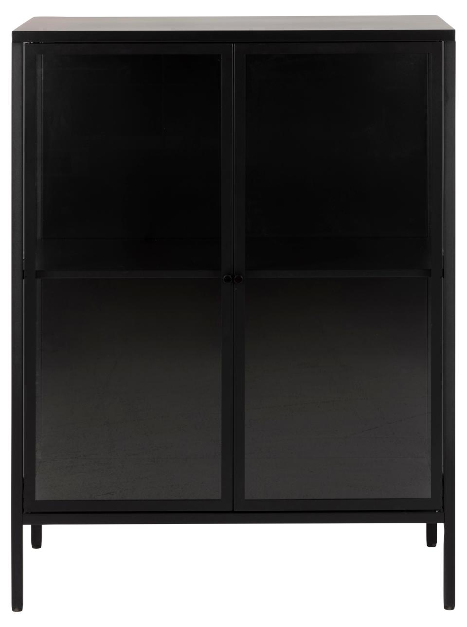 Newcastle display cabinet, top, frame, shelf and base matt black rough powder coated steel, 2 doors clear tempered glass and matt black rough powder coated steel, 80x40x98,7 cm