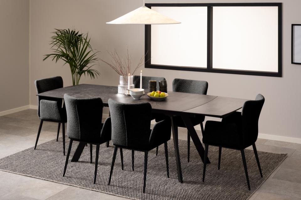 Blackburn rectangular dining table, top black Fairbanks rough ceramic, base matt black rough powder coated steel, with extension leaf storage, 160/240x97x75 cm