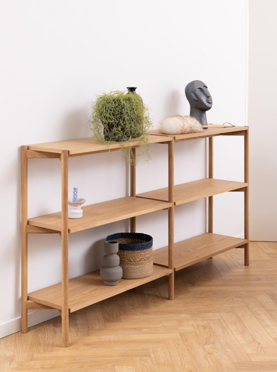 Braidwood bookcase, frame and base oiled oak, 4 shelves oak oiled veneer, 169x30x88,4 cm