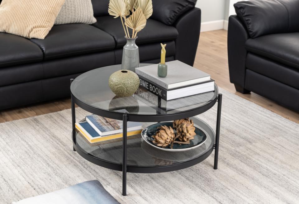 Bayonne round coffee table, top and shelf smoked tempered glass, base matt black rough powder coated steel, Ø79x42 cm