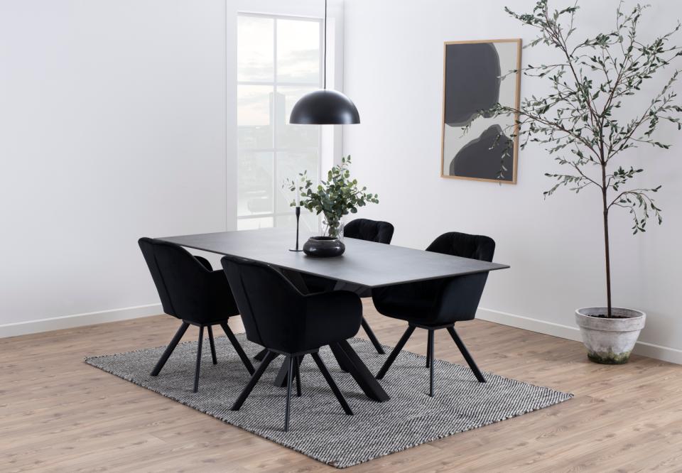 Heaven rectangular dining table, top black Fairbanks rough ceramic, cross base matt black rough powder coated steel, 200x100x75,5 cm