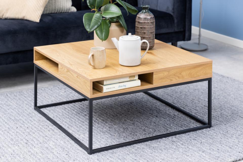 Willford square coffee table, top matt wild oak rough melamine, base matt black rough powder coated steel, with open compartment, 80x80x40 cm