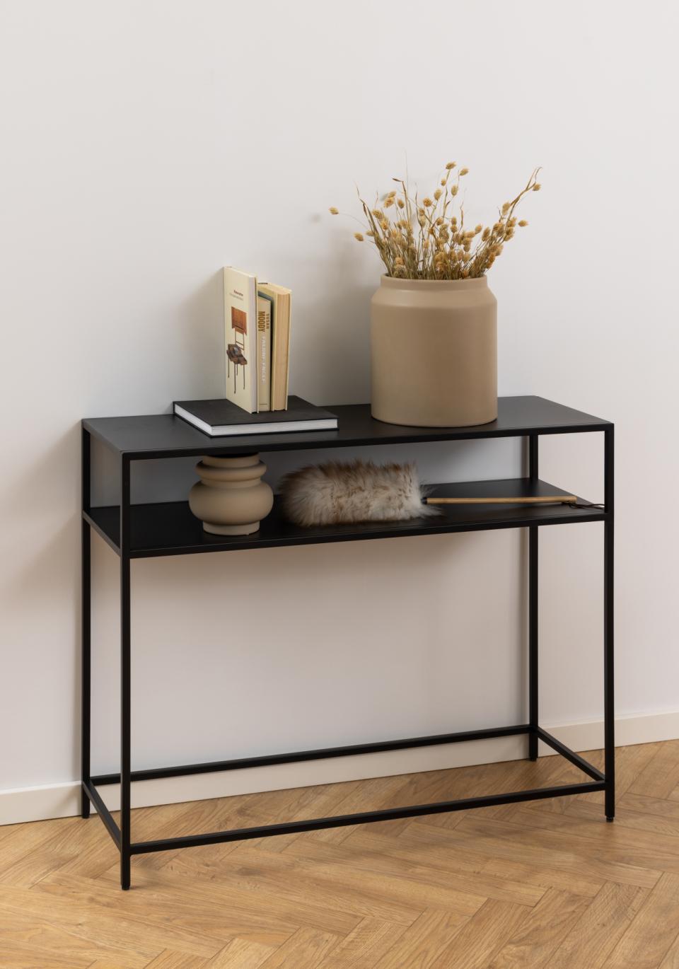 Newcastle rectangular console table, top, shelf and base matt black rough powder coated steel, 100x35x79 cm