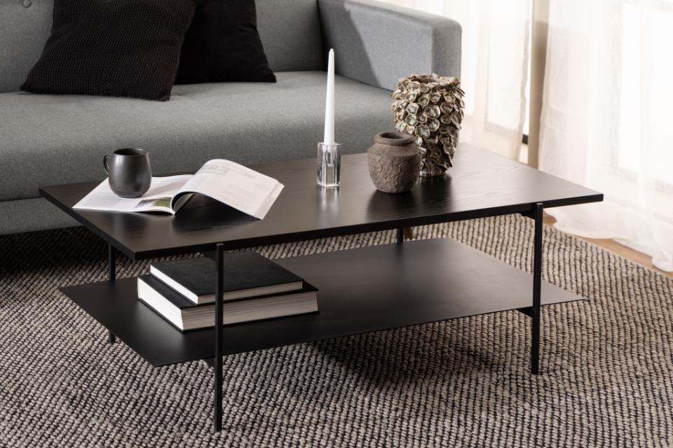 Angus rectangular coffee table, top ash black rough melamine, shelf and base matt black rough powder coated steel, 115x60x40 cm