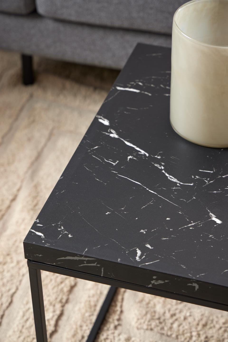 Barossa rectangular coffee table, top black marble Marquina rough melamine, base matt black rough powder coated steel, 110x55x45 cm