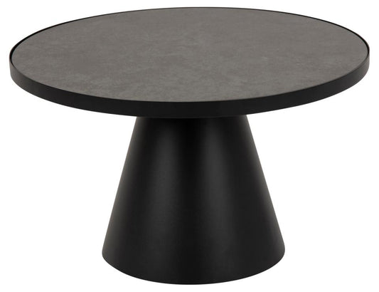 Soli round coffee table, top black Fairbanks rough ceramic, pillar base matt black rough powder coated steel, Ø65,7x40 cm