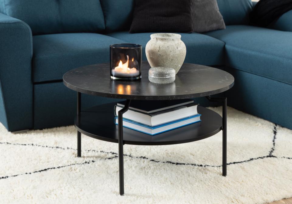 Goldington round coffee table, top black marble Izmir melamine, shelf black PU painted MDF, base matt black rough powder coated steel, Ø80x45 cm