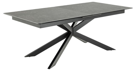 Irwine rectangular dining table, top black Fairbanks rough ceramic, cross base matt black rough powder coated steel, with extension leaf storage and synchronous extension, 200/240x100x76 cm