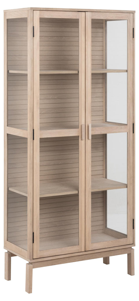 Linley display cabinet, top, frame and 3 shelves white pigmented oiled oak veneer, 2 doors clear tempered glass, base white pigmented oiled oak, with lamella back, 80x40x180 cm