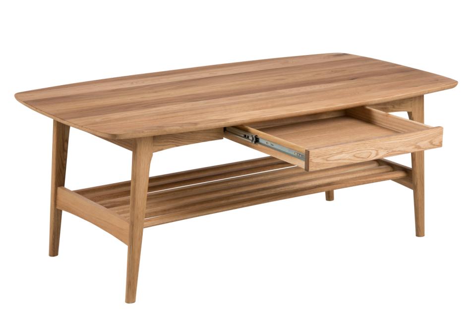 Emma rectangular coffee table, top and drawer oak oiled veneer, shelf and base oiled oak, 130x70x51 cm