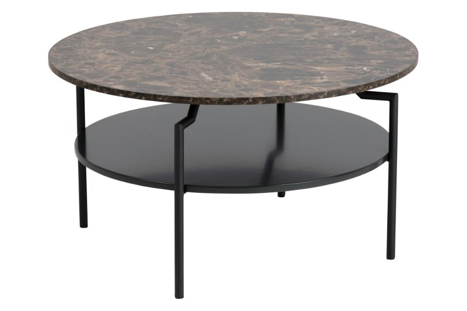 Goldington round coffee table, top brown marble Delhi melamine, shelf black PU painted MDF, base matt black rough powder coated steel, Ø80x45 cm