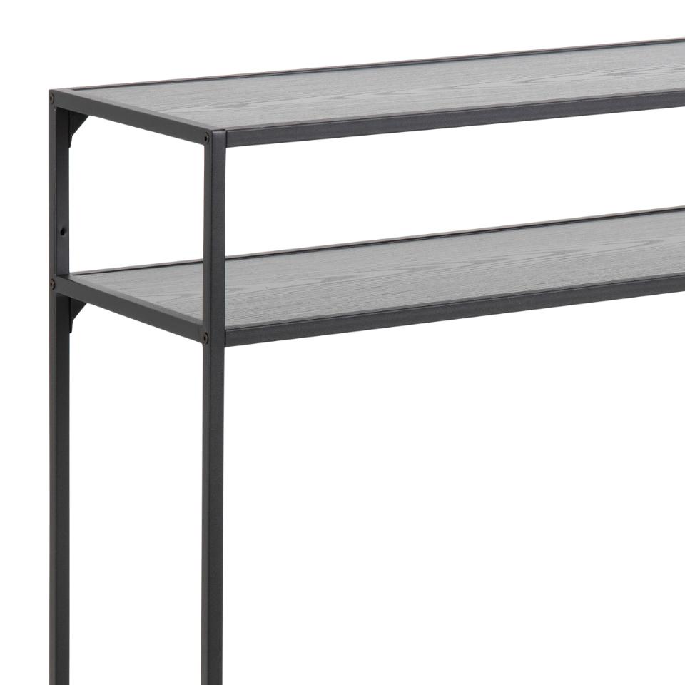 Seaford rectangular console table, top and shelf ash black rough melamine, base matt black rough powder coated steel, 120x35x79 cm