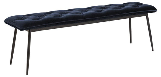 Brooke bench, Vic fabric midnight blue 77AC FR, base matt black rough powder coated steel, with tuftings, 159x38x48 cm