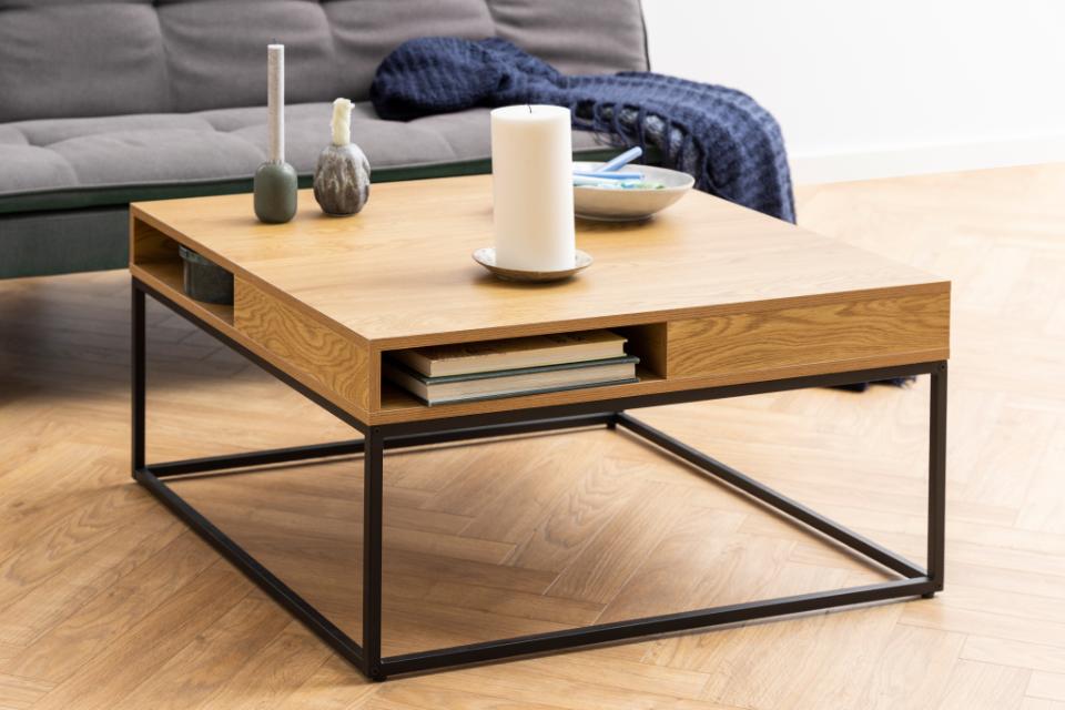 Willford square coffee table, top matt wild oak rough melamine, base matt black rough powder coated steel, with open compartment, 80x80x40 cm