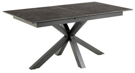 Heaven rectangular dining table, top black Fairbanks rough ceramic, cross base matt black rough powder coated steel, with extension leaf storage and synchronous extension, 168/210x90x76 cm