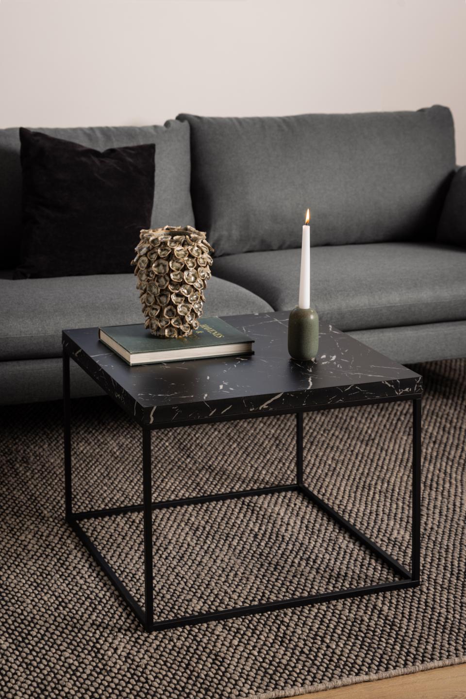 Barossa square coffee table, top black marble Marquina rough melamine, base matt black rough powder coated steel, 60x60x45 cm