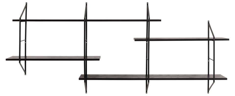 Belfast rectangular wall shelf, frame matt black powder coated steel, 4 shelves ash black rough melamine, with asymmetrical detail, 191x25,5x79 cm