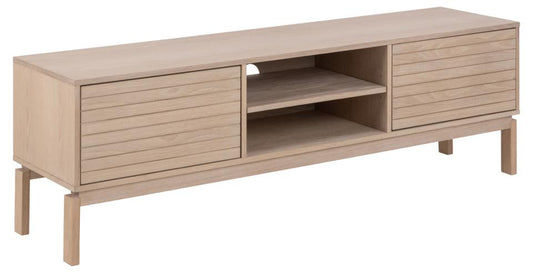 Linley TV unit, top, frame, 2 doors and 3 shelves white pigmented oiled oak veneer, base white pigmented oiled oak, with lamella front and push to open function, 160x40x50 cm