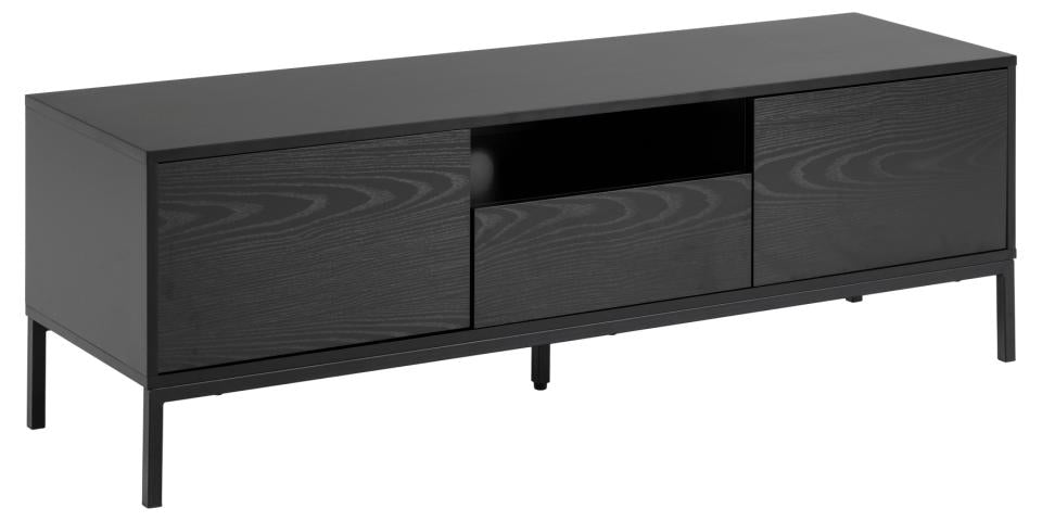 Seaford TV unit, top and frame black PU painted MDF, 2 doors and drawer ash black rough melamine, base matt black rough powder coated steel, with metal runners, full extension, open compartment, push to open function, soft close and wire hole, 140x40x45 c