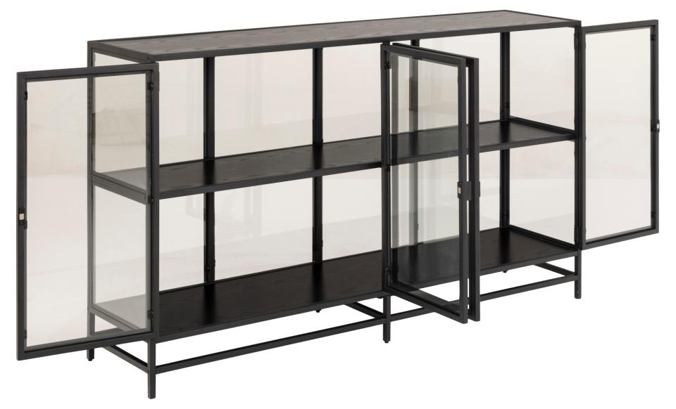 Seaford display cabinet, frame and base matt black rough powder coated steel, top and 2 shelves ash black rough melamine, 4 doors matt black rough powder coated steel and clear tempered glass, 152,4x35x86,4 cm