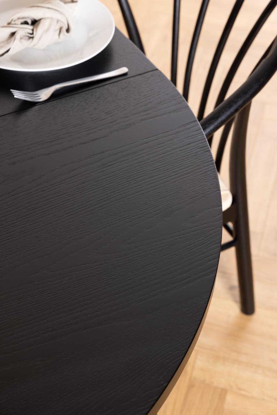 A-Line round dining table, top matt black PU lacquered oak veneer, base matt black NC lacquered oak veneer, with preparation for extension leaves, box 1 of 2, Ø120x75 cm