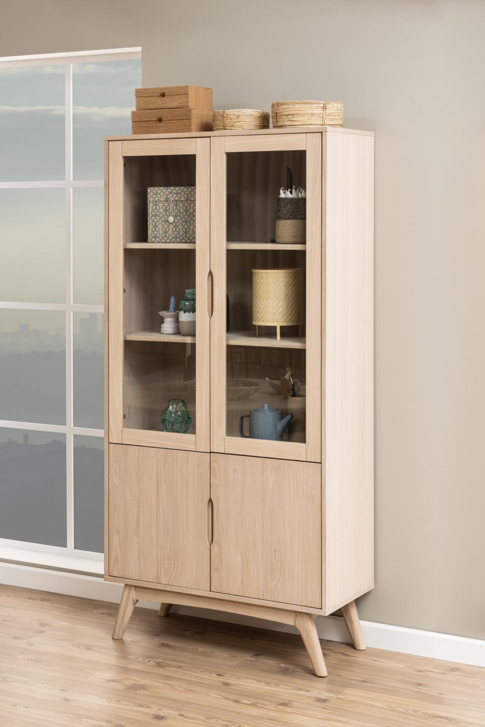 Marte display cabinet, top, frame and 3 shelves white pigmented oiled oak veneer, 4 doors white pigmented oiled oak veneer and clear tempered glass, base white pigmented oiled oak, 94x40x192 cm