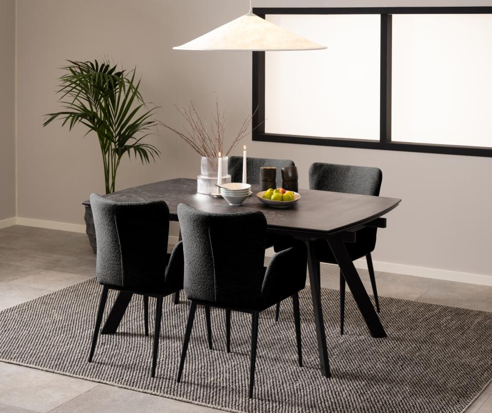 Blackburn rectangular dining table, top black Fairbanks rough ceramic, base matt black rough powder coated steel, with extension leaf storage, 160/240x97x75 cm